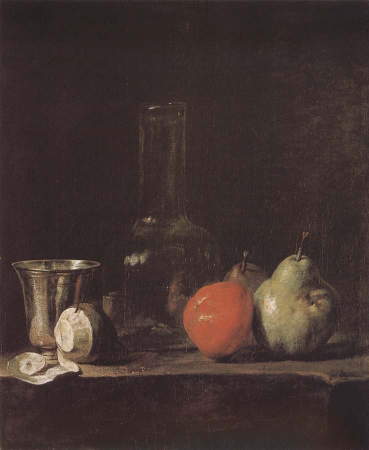 Jean Baptiste Simeon Chardin Silver wine bottle lemon apple pear